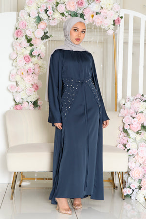 Aurora Beaded Tie Abaya Set- Navy