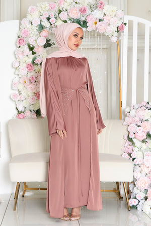 Aurora Beaded Tie Abaya Set- Nude Pink