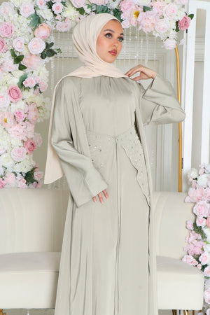 Aurora Beaded Tie Abaya Set- Light Sage