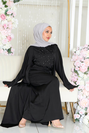 Celene Beaded Wrap Abaya Set- Black