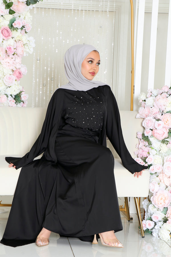 Celene Beaded Wrap Abaya Set- Black