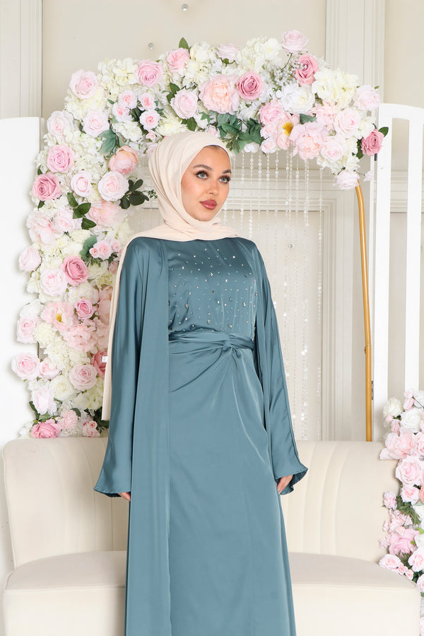 Celene Beaded Wrap Abaya Set- Teal