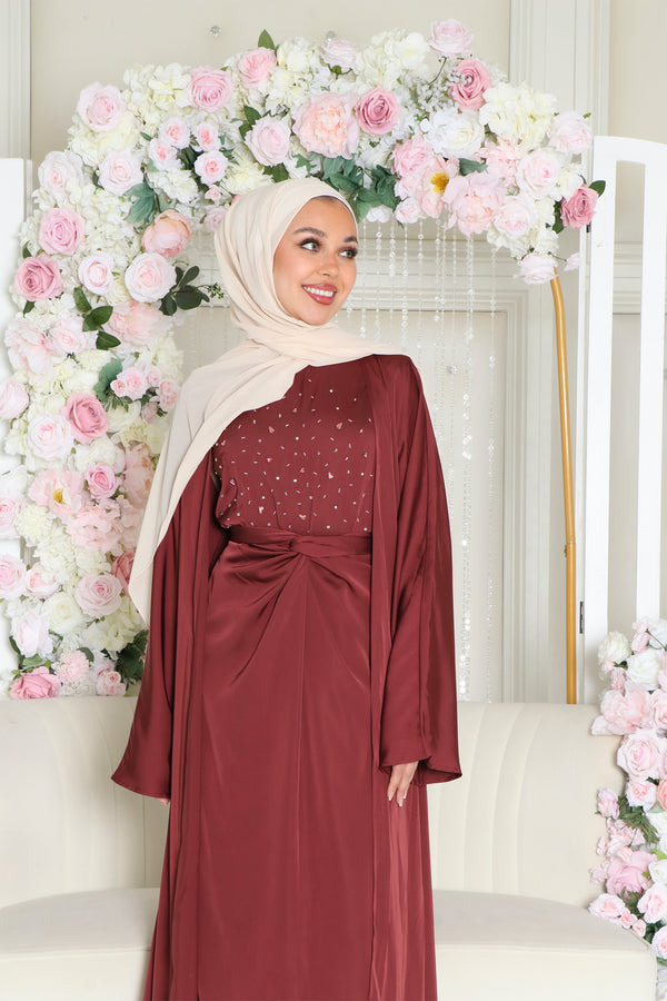 Celene Beaded Wrap Abaya Set- Burnt Sienna