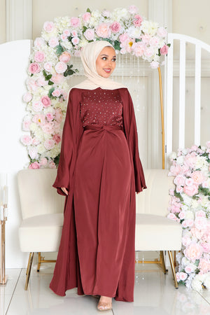 Celene Beaded Wrap Abaya Set- Burnt Sienna