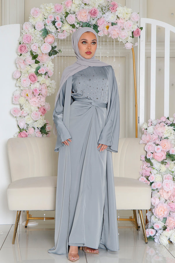 Celene Beaded Wrap Abaya Set- Mint Gray