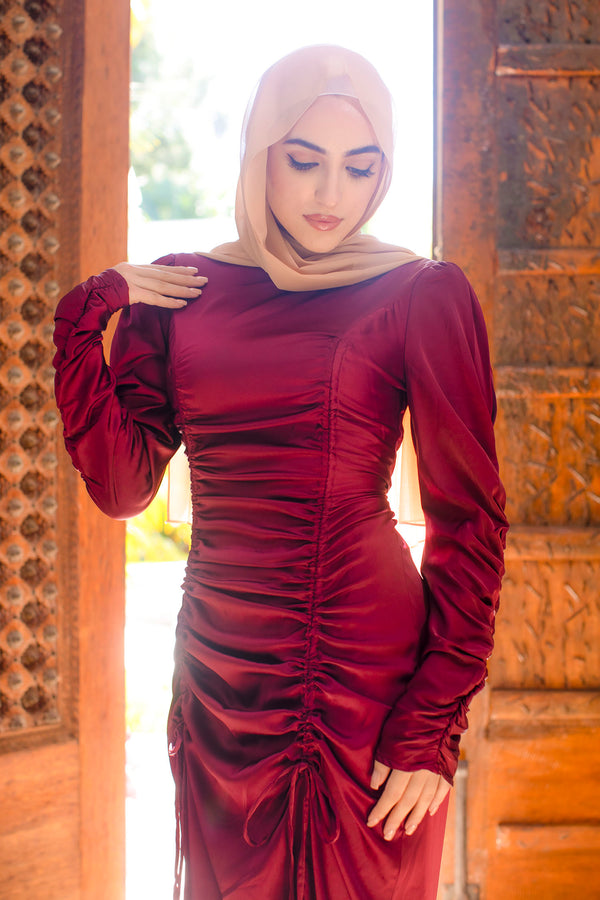 Luna Ruched Satin Dress- Mahogany