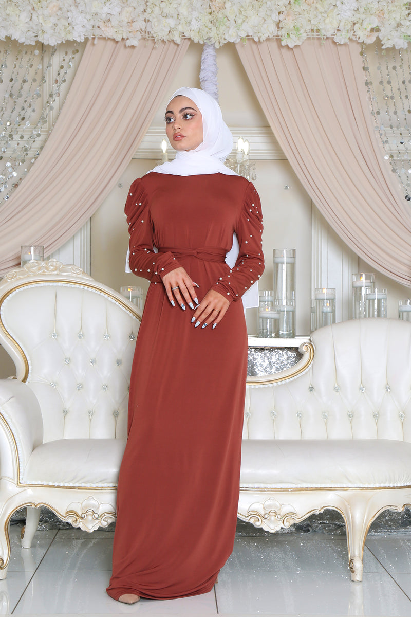 Khadija Sheath Pearl Dress- Dark Rusty Brown