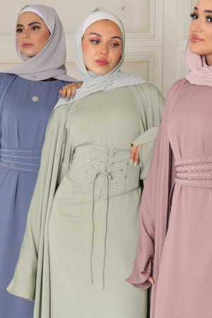 Elmas Textured Corset Abaya Set- Light Sage Green