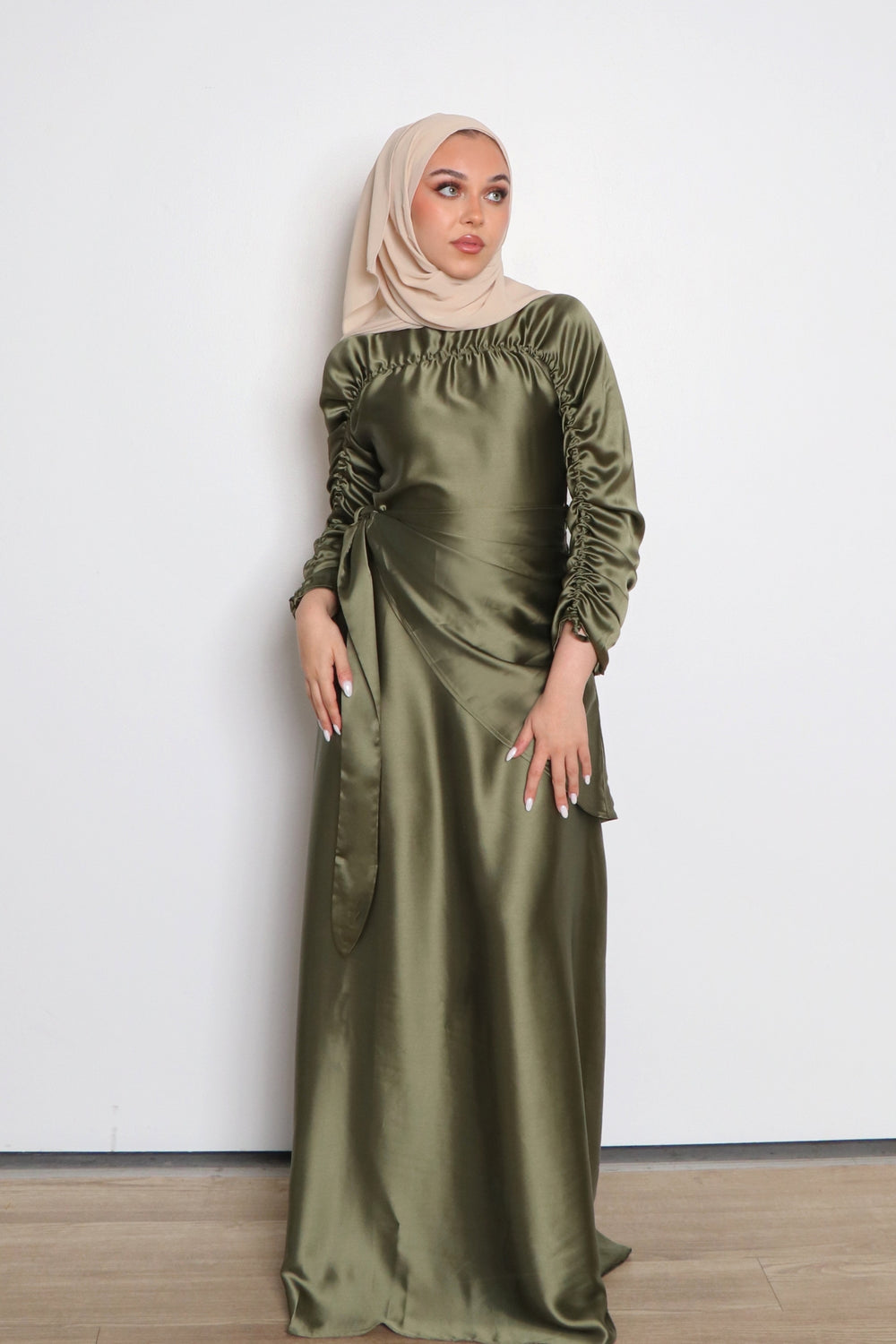 Keira Wrap Satin Dress- Sage Green