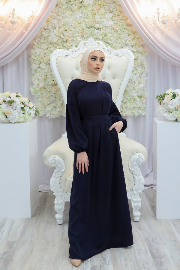 Deluxe Soft Balloon Sleeve Dress- Navy Blue