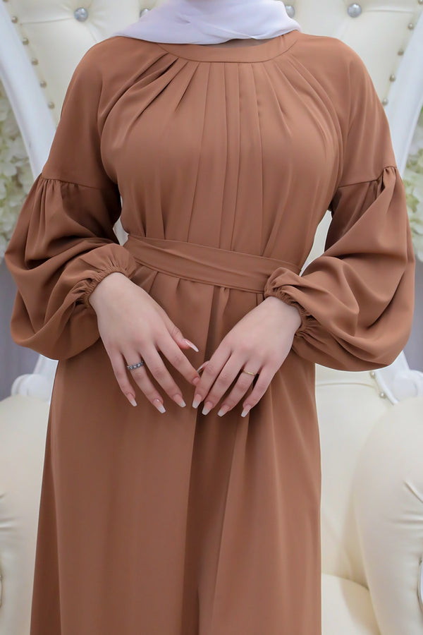 Deluxe Soft Balloon Sleeve Dress- Tan