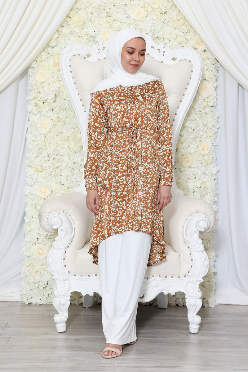 Floral Buttoned-Down Tunic- Golden Tan
