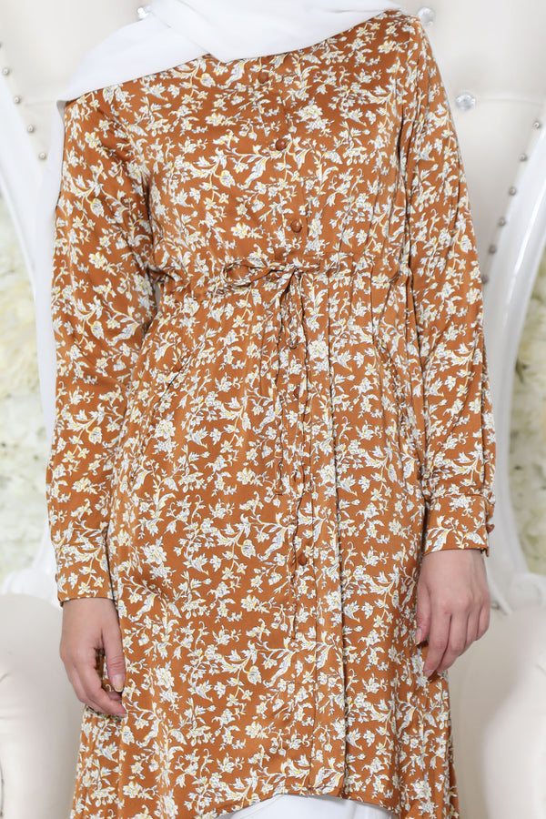 Floral Buttoned-Down Tunic- Golden Tan