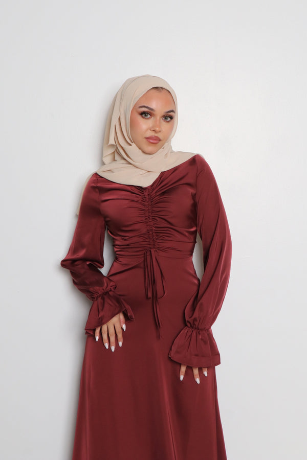 Evie Ruched Satin Dress- Rusty Pink