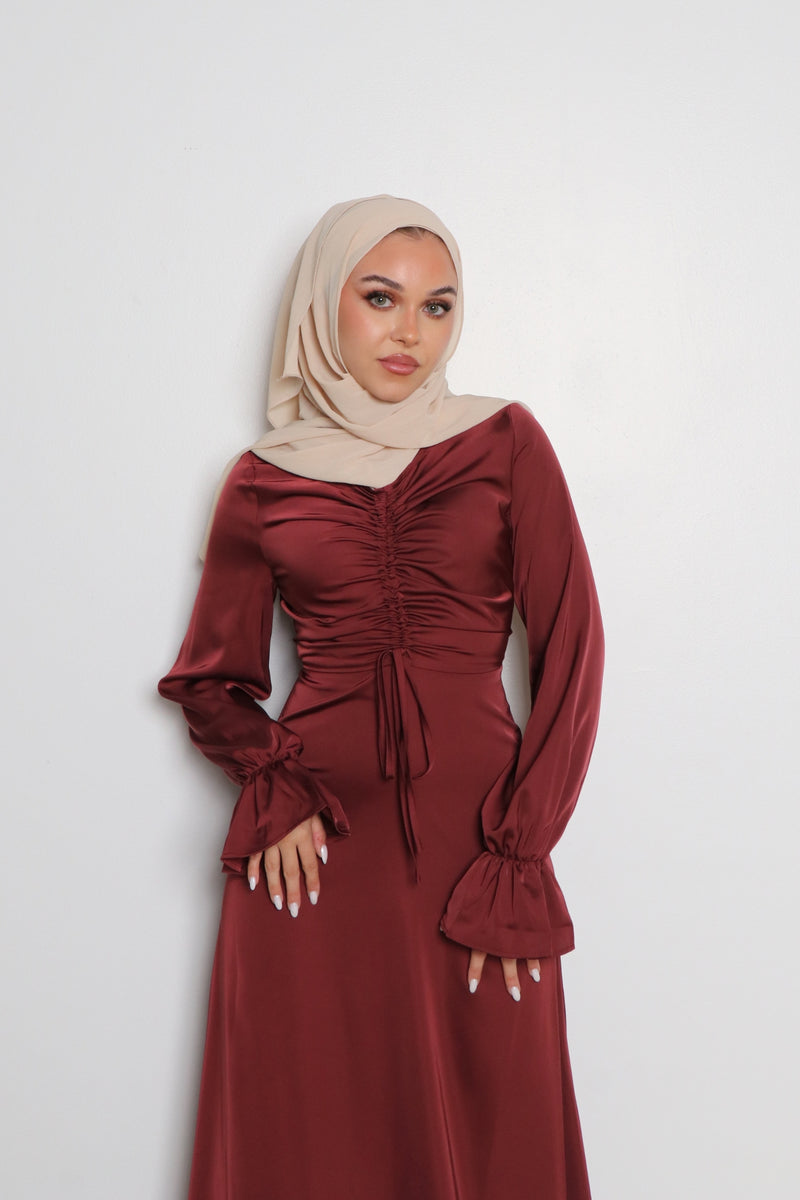 Evie Ruched Satin Dress- Rusty Pink