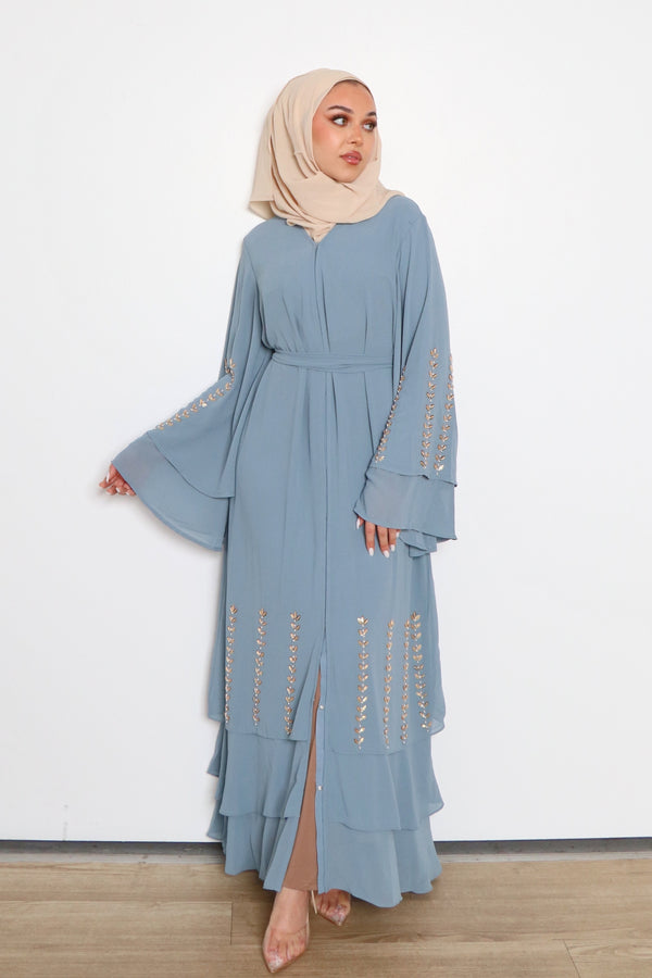 Amor Chiffon Layered Abaya- Dark Dusty Blue