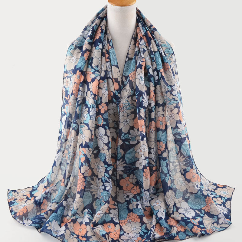 Blue Floral Cotton Scarf (1488819159097)