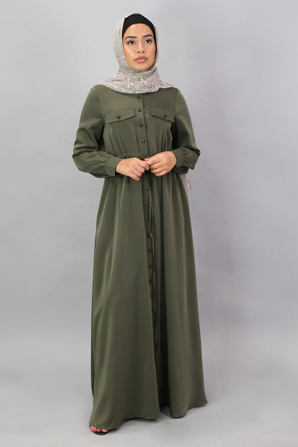 Army Green Deluxe Soft Button Down Dress (5300595130536)