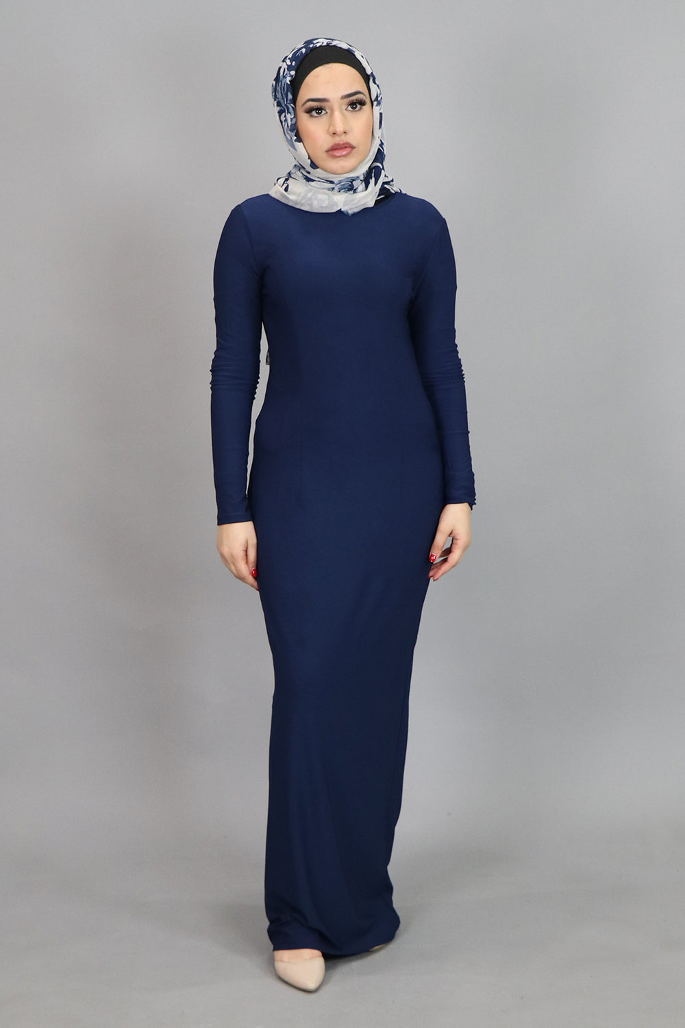 Navy Blue Plain Fitted Spandex Maxi Dress (4540244754489)