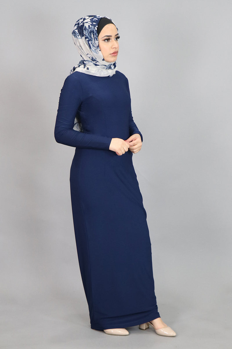 Navy Blue Plain Fitted Spandex Maxi Dress (4540244754489)