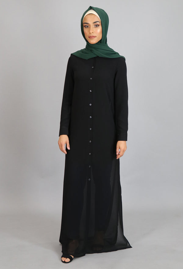 Black Chiffon Hooded Abaya Buttoned-Down Cardigan Dress (8306656003)