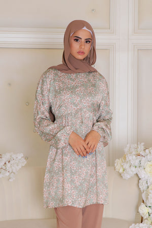 kim Floral Smock Top- Light Sage