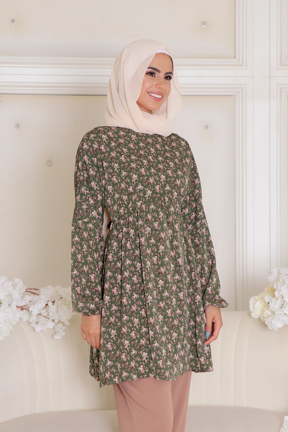 kim Floral Smock Top- Hunter Green