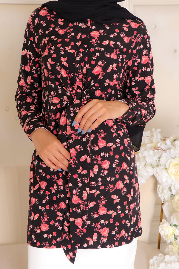 Nia Floral Wrap Top- Black & Pink