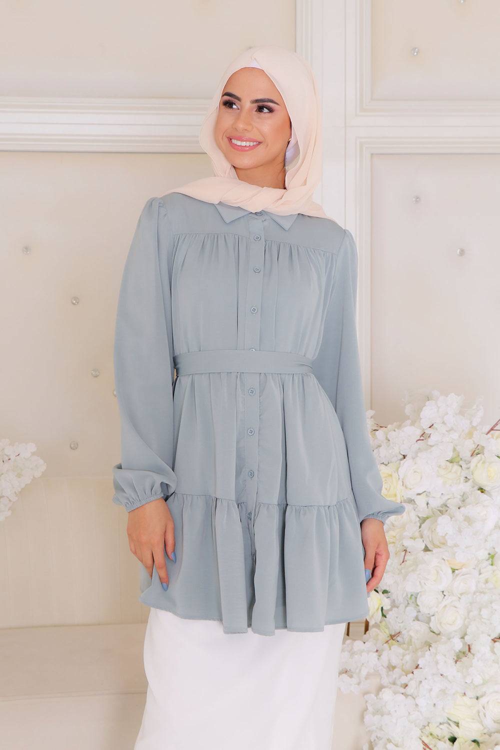 Sadie Soft Smock Top- Mint Gray