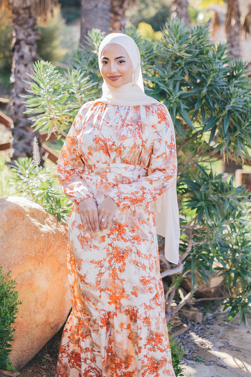 Thalia Satin Floral Chiffon Maxi Dress- Muted Peach