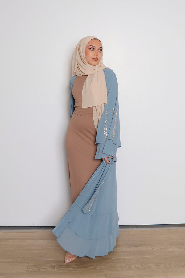 Amor Chiffon Layered Abaya- Dark Dusty Blue