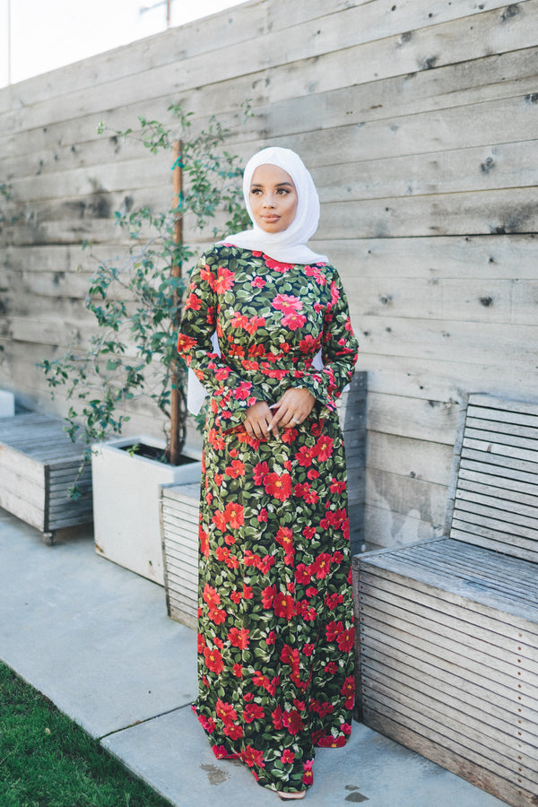 Amaya Floral Dress- Black & Red