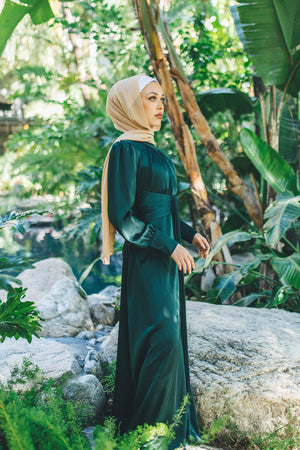 Blair Waisted Satin Dress- Hunter Green