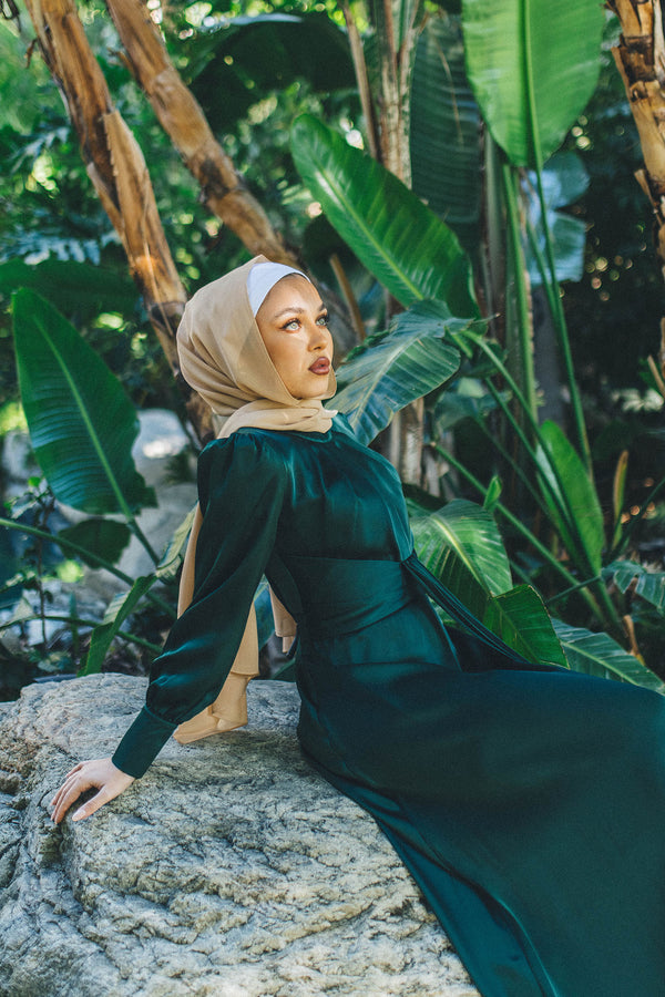 Blair Waisted Satin Dress- Hunter Green