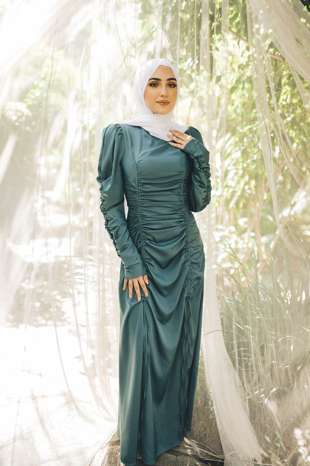 Luna Ruched Satin Dress- Teal