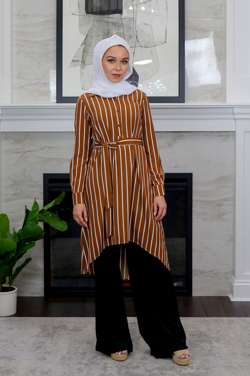 Burnt Orange/White Striped High Low Tunic
