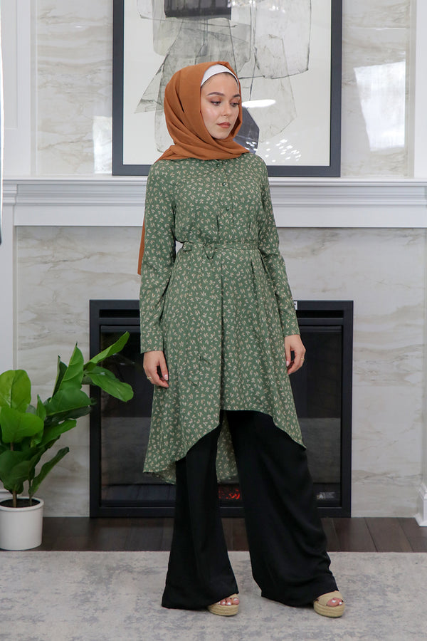 Olive Green Floral High Low Tunic