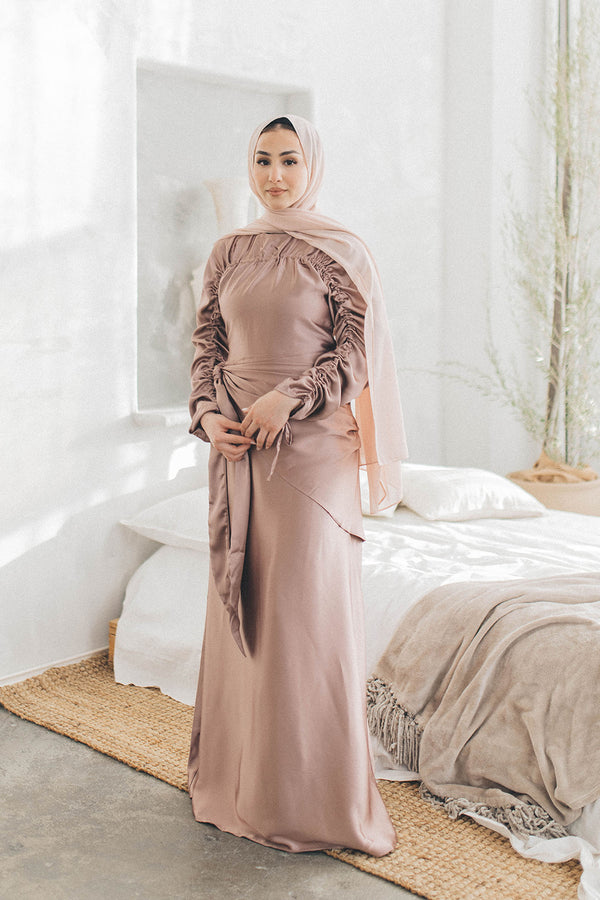 Keira Wrap Satin Dress- Dusty Rose