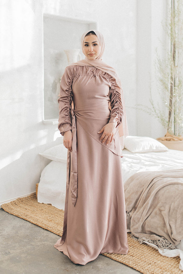 Keira Wrap Satin Dress- Dusty Rose