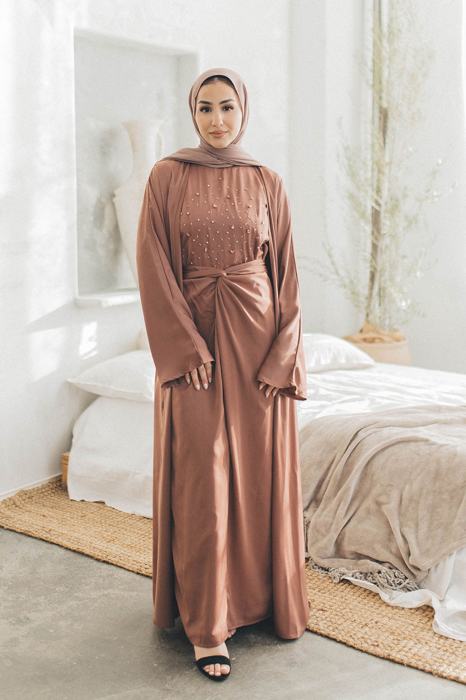 Celene Beaded Wrap Abaya Set- Nude Pink 52 by LaMeera Moda Celene Beaded Wrap Abaya Set- Nude Pink 52 by LaMeera Moda