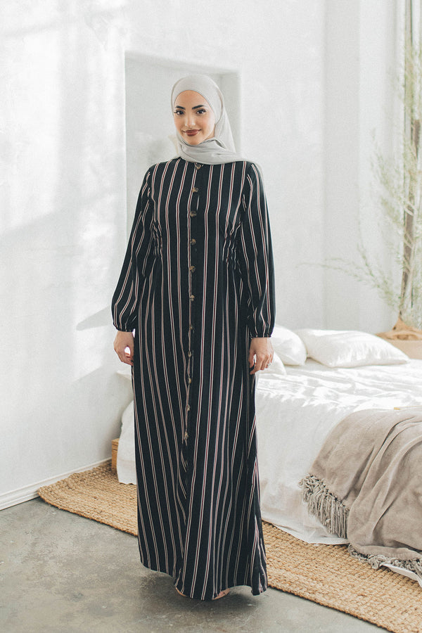 Maya Stripe Shirred Dress- Black