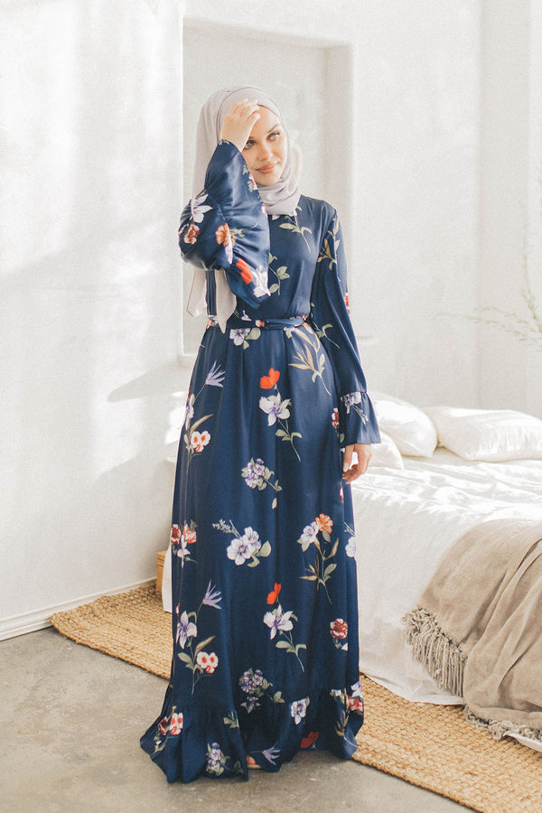 Madison Satin Floral Dress- Navy Blue