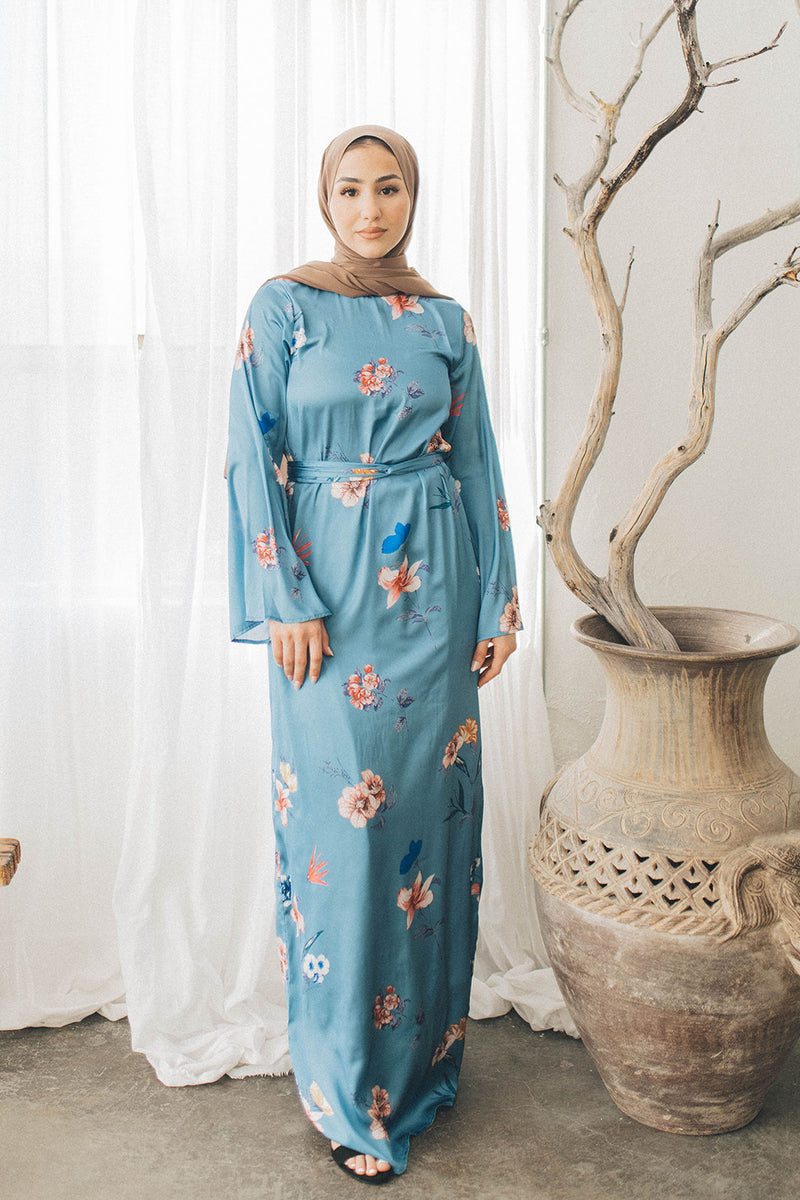 Kendall Satin Floral Dress- Blue Gray