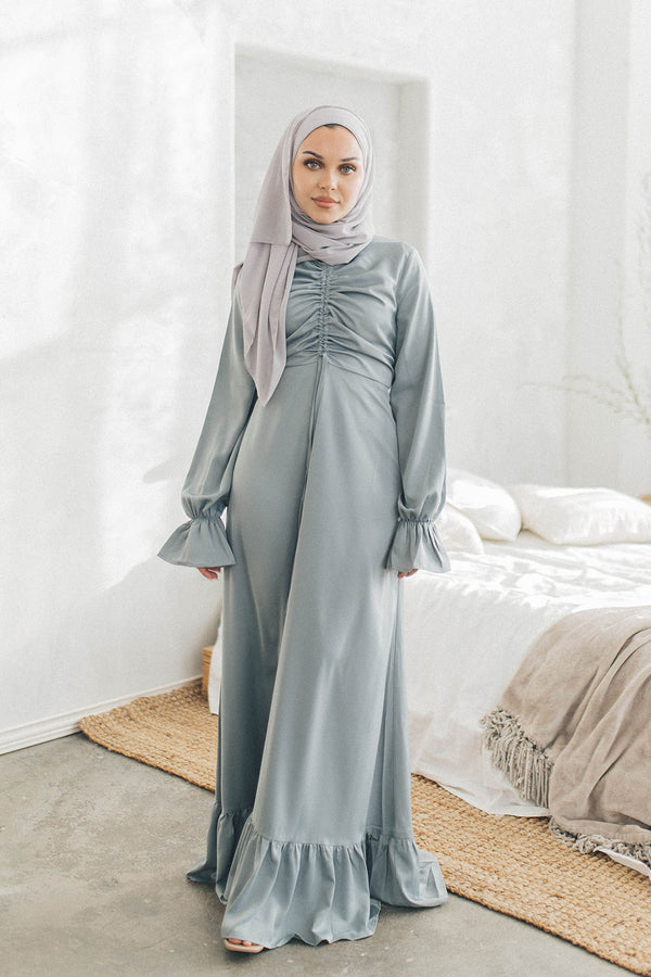 Evie Ruched Satin Dress- Mint Gray
