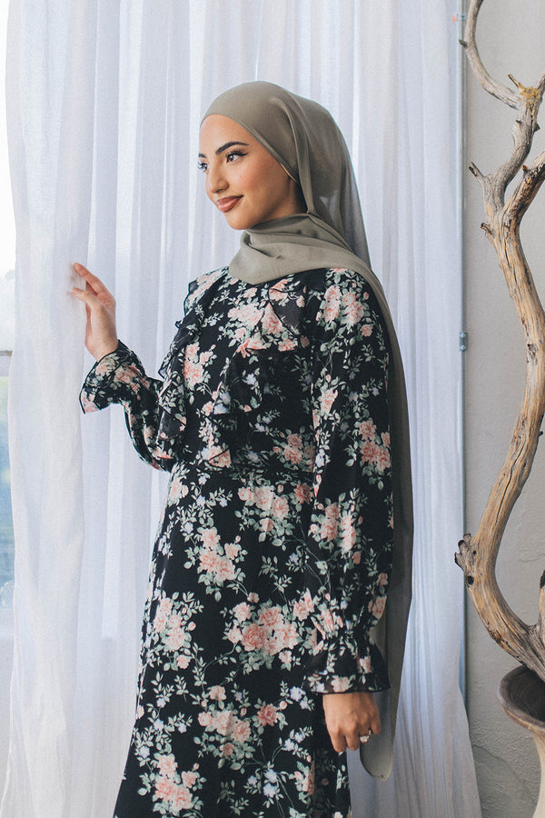 Kayan Floral Chiffon Dress- Black