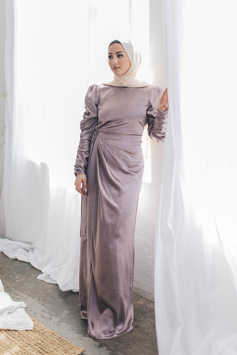 Amelia Wrap Satin Dress- Lavendar