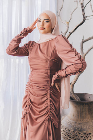 Luna Ruched Satin Dress- Nude Pink