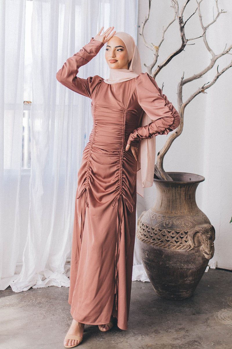 Luna Ruched Satin Dress- Nude Pink