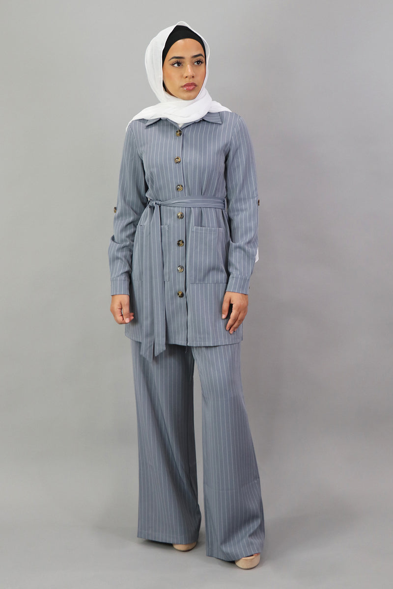 Blazer Striped 2-Piece Pants Set - Blue Gray