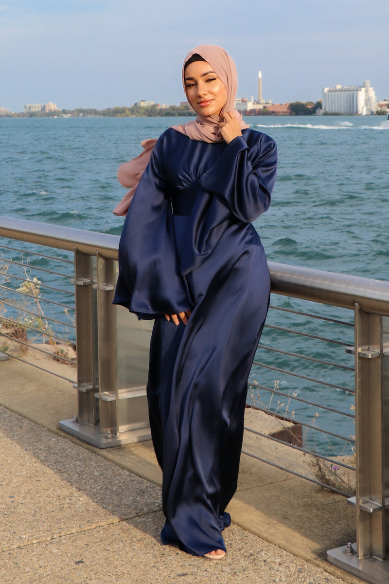 LaMeera Drape Sleeves Satin Dress - Midnight Blue